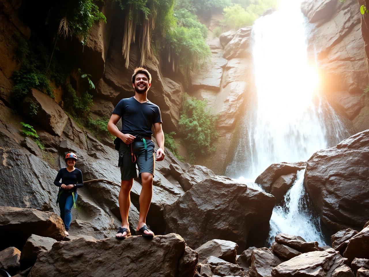 Pareja en un tour privado de cañonismo junto a una cascada